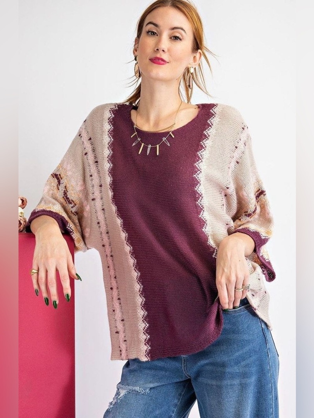 easel Colorblock Knit Sweater in Plum and Blush Women’s Size S New